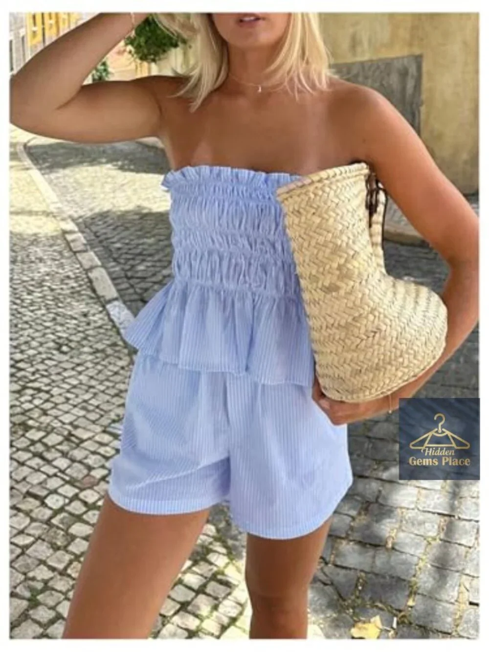 2 Piece Striped Peplum Ruffle Hem Tube Top and Shorts Set